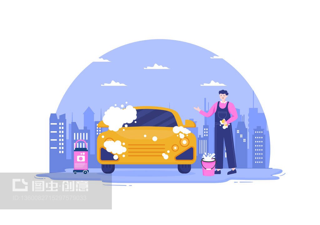 洗車服務平面設計插圖 工人用海綿、肥皂和水清洗汽車的視覺魅力